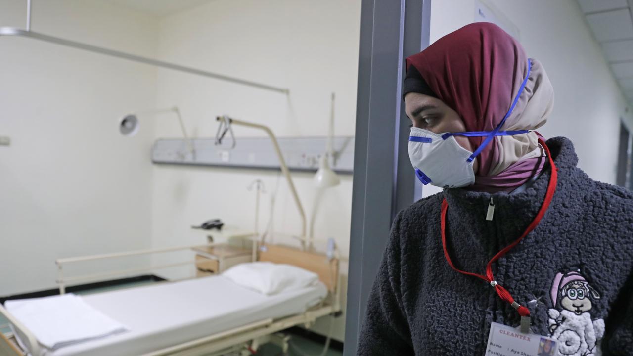 A hospital worker in a ward at Rafik Hariri University Hospital where Lebanon’s first case of coronavirus is being treated.