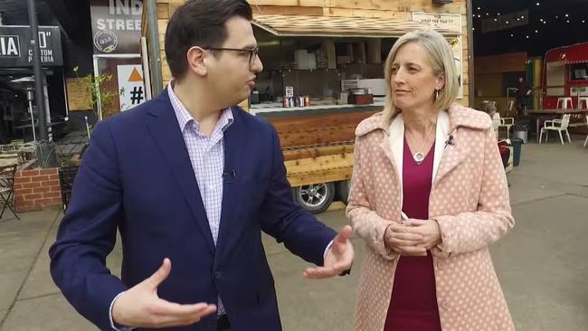 Senator Katy Gallagher, then Opposition spokesperson on small business, taking a walk around Canberra's Braddon with then SBS reporter David Sharaz in September 2016. Picture: SBS