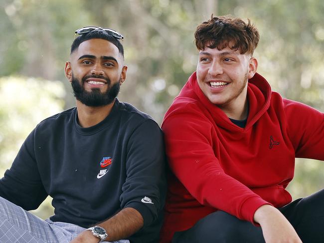 WEEKEND TELEGRAPHS -  10/12/22  MUST CHECK WITH PIC EDITOR JEFF DARMANIN BEFORE PUBLISHING  -Abubakar Abdullah (black top) and Eddie Younes pictured at Casula today after learning of their HSC marks 5 days early. Picture: Sam Ruttyn