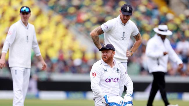 England wicketkeeper Jonathan Bairstow reacts after one of his many dropped catches. Picture: Getty