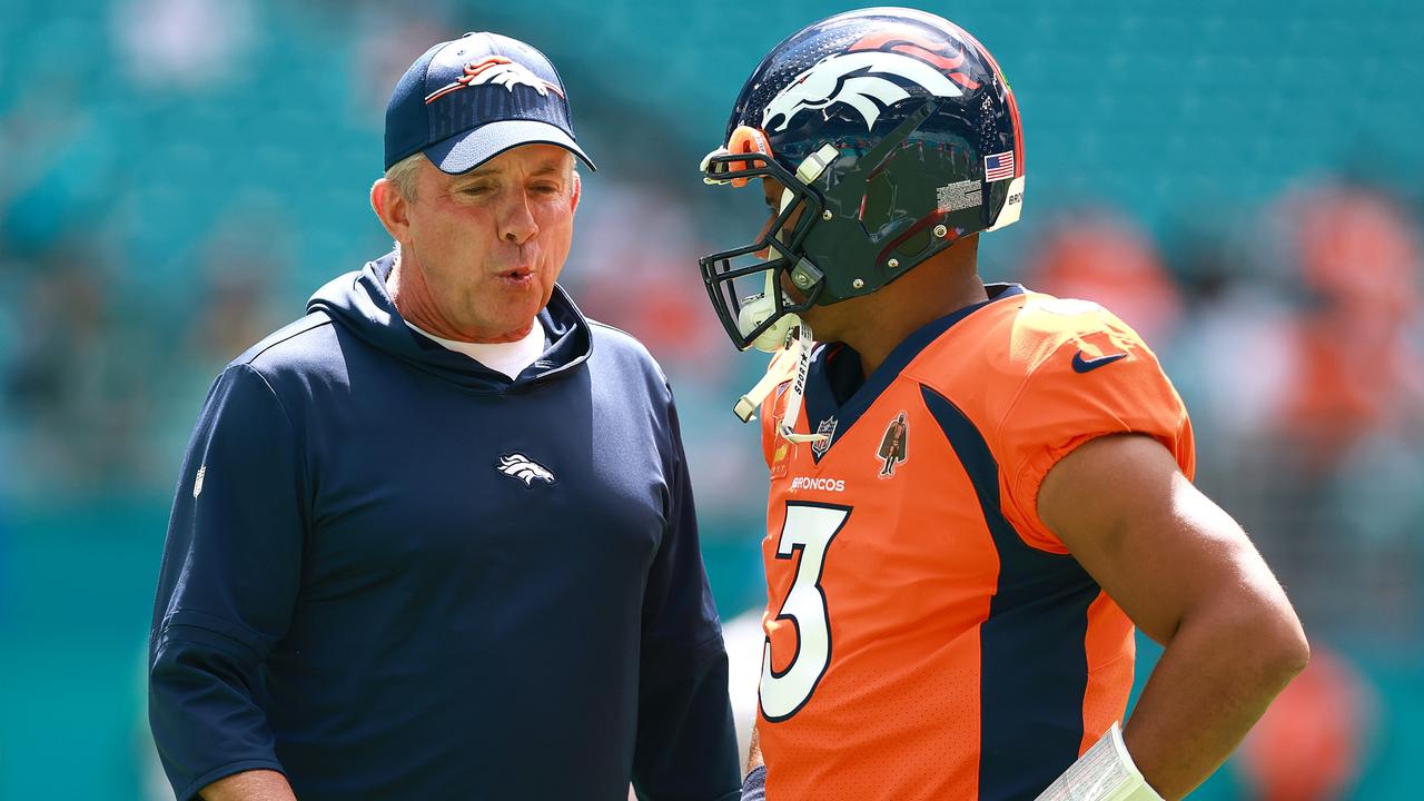MIAMI GARDENS, FLORIDA - SEPTEMBER 24: Head coach Sean Payton of the Denver Broncos talks to Russell Wilson #3 of the Denver Broncos prior to a game against the Miami Dolphins at Hard Rock Stadium on September 24, 2023 in Miami Gardens, Florida. (Photo by Megan Briggs/Getty Images)