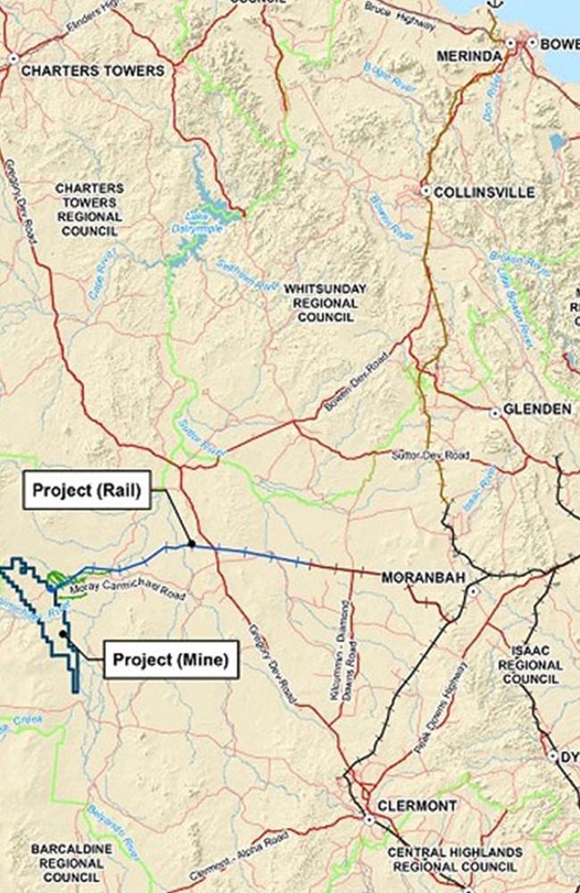 Map showing the location of proposed Carmichael mine south of Charters Towers in Queensland. Source: Adani