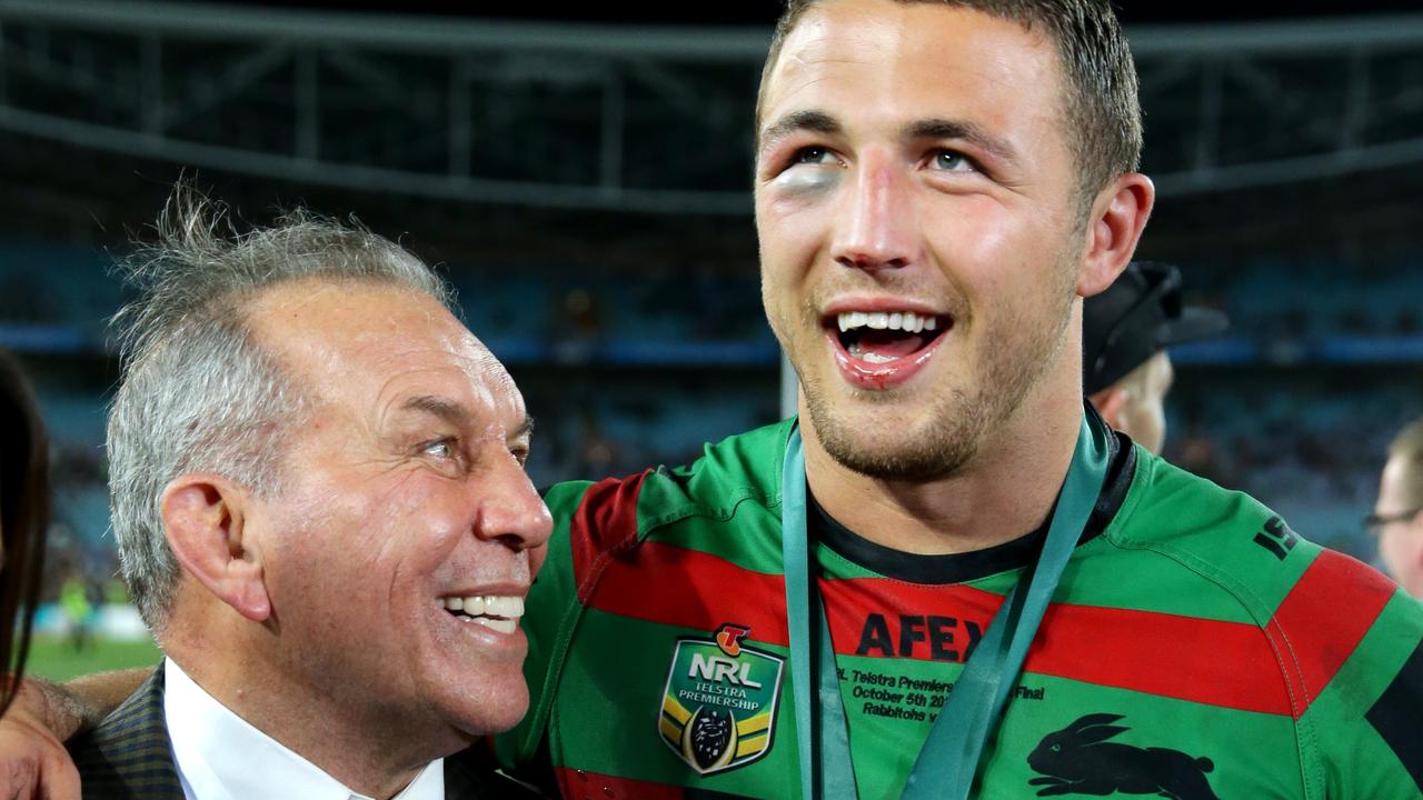 Sattler with Sam Burgess after the Englishman played the 2014 Grand Final with a facial fracture from the opening carry of the match. Picture; Gregg Porteous