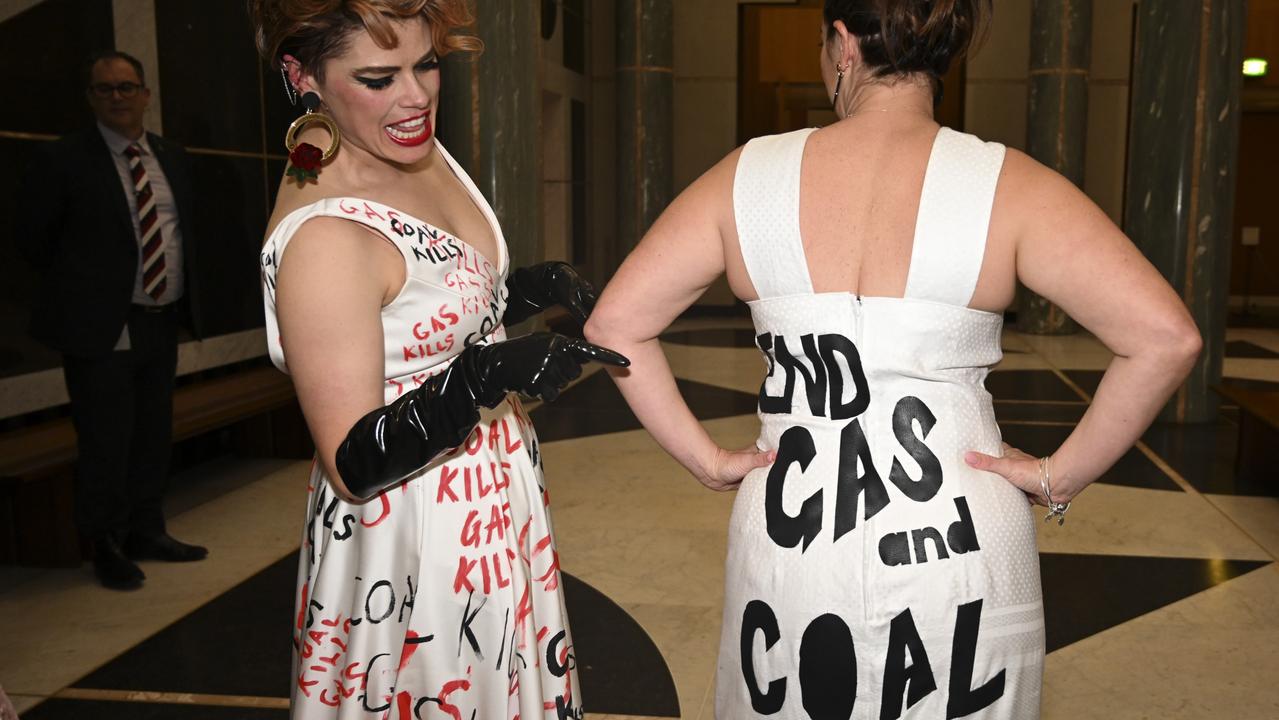 Adam Bandt’s wife Claudia Perkin’s also wore a dress with a slogan. Picture: NCA NewsWire / Martin Ollman
