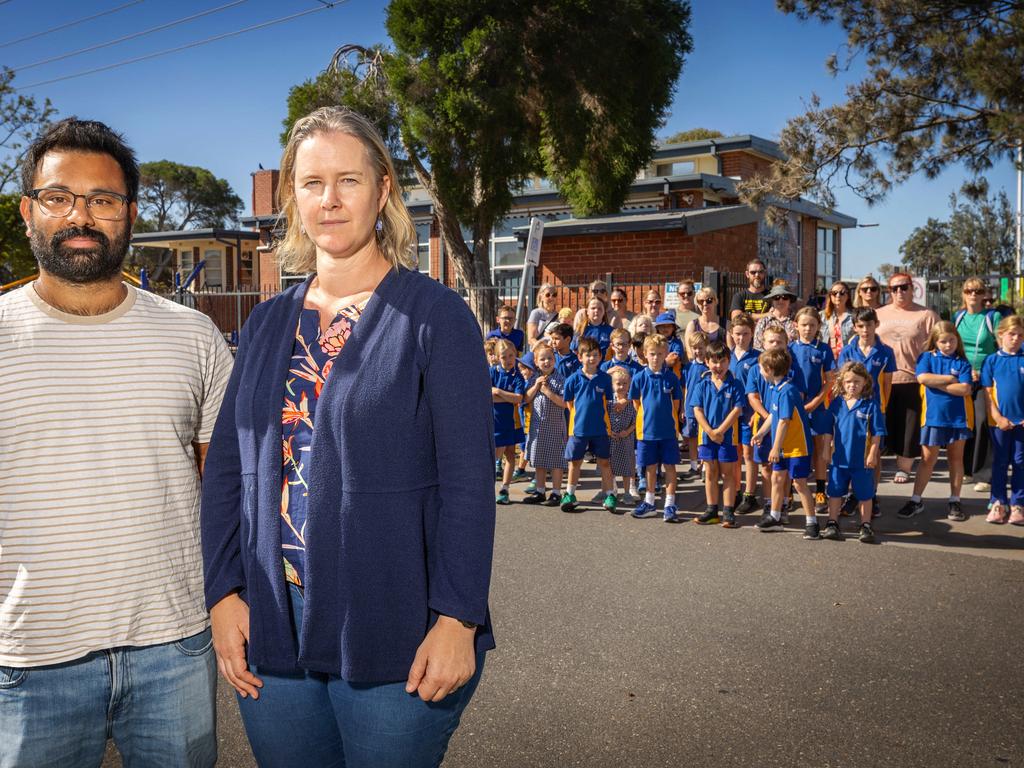 Edithvale Primary school council president Andrew Murray and vice president Katie Tobin are calling for funding for a shade sail. Picture: Mark Stewart