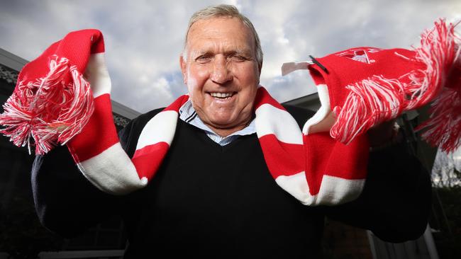 South Melbourne FC legend Bobby Skilton at home ready for the Sydney Swans in the Grand Final. Picture: Alex Coppel