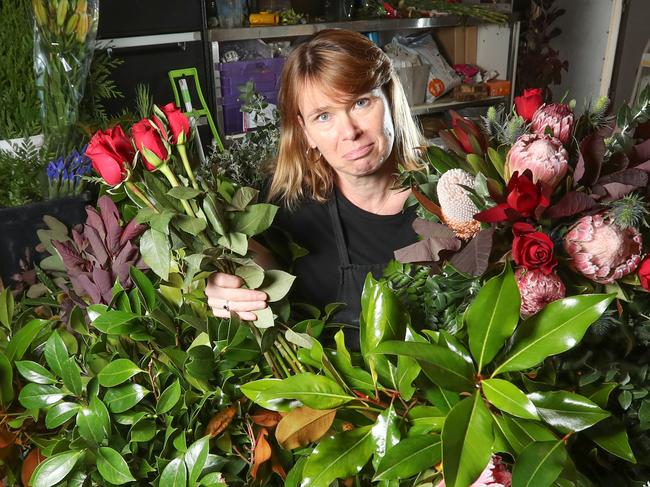 Shelly Paxton, a  florist affected by the lockdown, with all her flowers at Whittlesea Flowers and Bears, in Whittlesea. Picture: Alex Coppel.