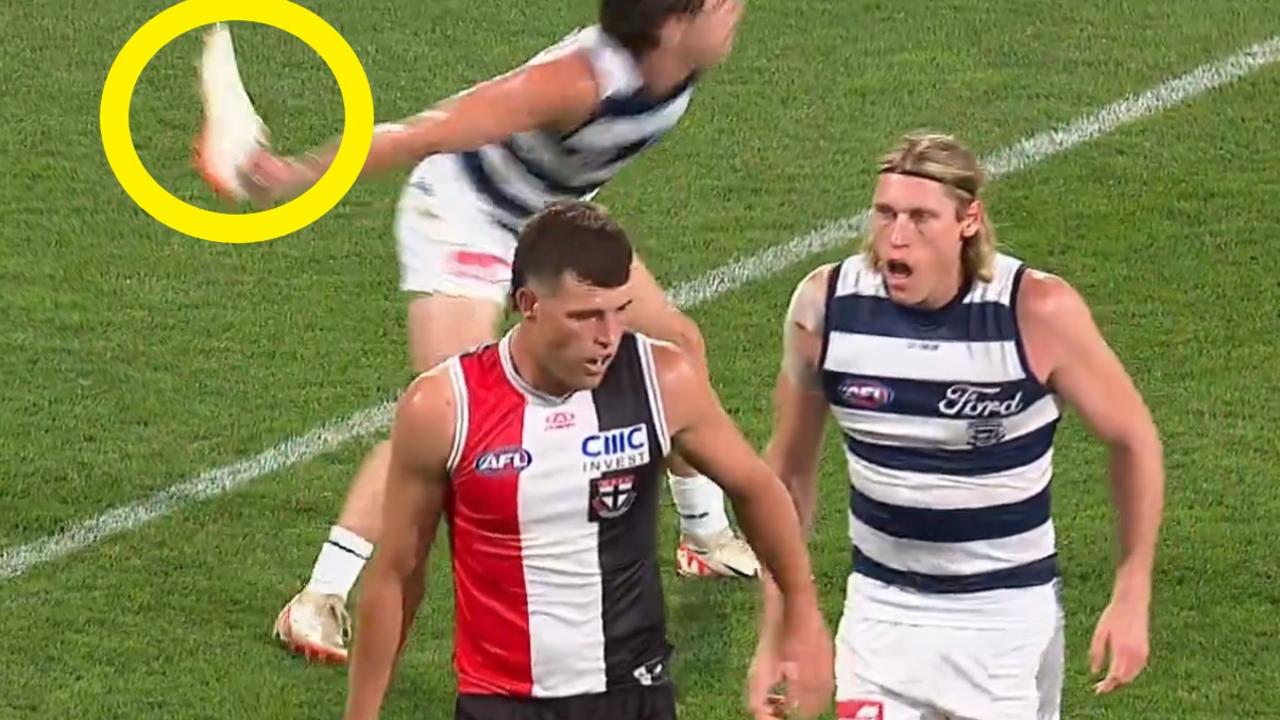 Geelong’s Gryan Miers caught for throwing Rowan Marshall’s boot away in ...