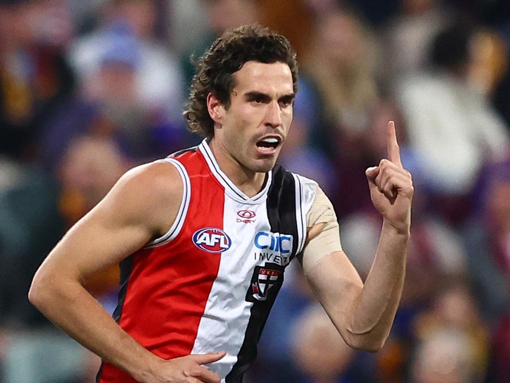 BRISBANE, AUSTRALIA – JUNE 14: Max King of the Saints celebrates a goal during the round 14 AFL match between Brisbane Lions and St Kilda Saints at The Gabba, on June 14, 2024, in Brisbane, Australia. (Photo by Chris Hyde/AFL Photos/via Getty Images)