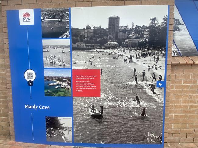 One of the panels on the 'Story Walk' installed at the former Sea Life Aquarium at Manly in November 2022 that provides information about the Aboriginal and modern history of Manly Cove. Picture: Supplied