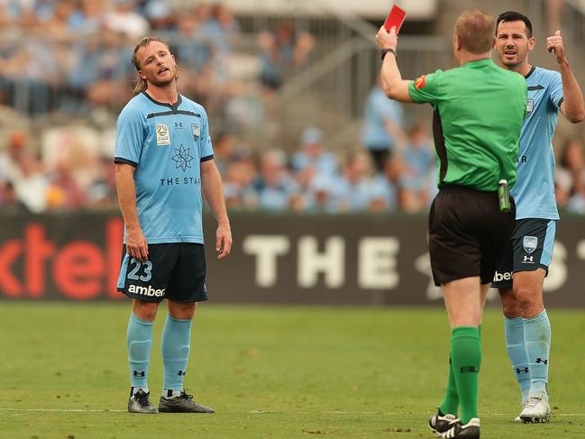 SYDNEY, AUSTRALIA - DECEMBER 29: Rhyan Grant of Sydney is sent off after the referee consulted VAR during the round 12 A-League match between Sydney FC and Melbourne City at Netstrata Jubilee Stadium on December 29, 2019 in Sydney, Australia. (Photo by Mark Metcalfe/Getty Images)