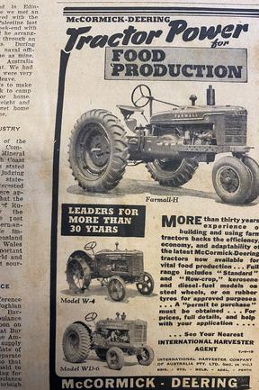 Tractors for sale at McCormick-Deering.Gold Coast Bulletin advertising, 1945/1940s