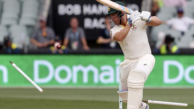 Aaron Finch had a shocker of a series, including this wicket in Adelaide when his stumps went flying for a duck. Picture: Sarah Reed