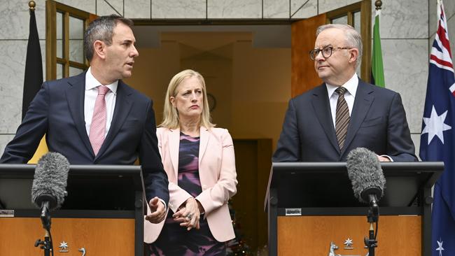 Jim Chalmers, Finance Minister Katy Gallagher and Anthony Albanese in Canberra on Friday. Picture: NewsWire / Martin Ollman