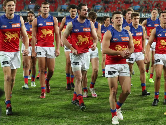 AFL Round 10. Richmond vs Brisbane at Metricon Stadium, Gold Coast.  04/08/2020.  Lions players after tonights loss  . Pic: Michael Klein