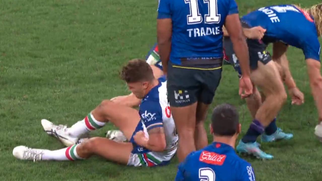 Chanel Harris-Tavita right after Josh Curran’s knee ruptured his testicle in a tackle
