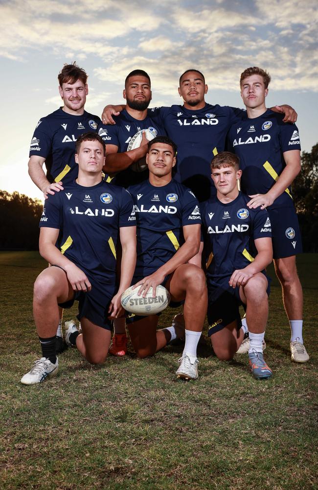 Upcoming Parramatta Eels stars Saxon Pryke, Apa Twidle, Lance Fualema, Richard Penisini, Sam Tuivaiti, Matthew Arthur and Ethan Sanders. Picture: Justin Lloyd.