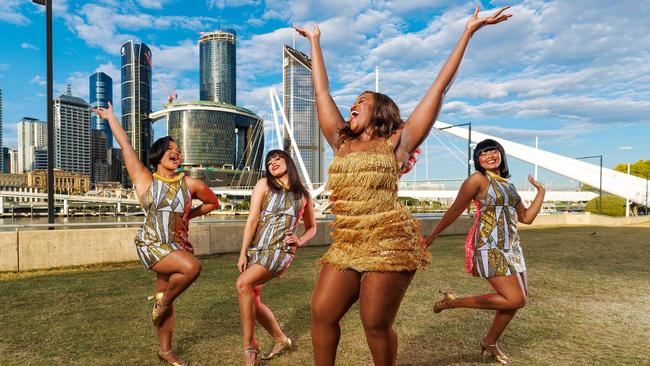 Ruva Ngwenya (Tina) and the Ikettes Jayme-Lee Hanekom, Rebecca Selley, Tigist Strode pictured at South Bank, Brisbane 26th June 2024. They’re part of the Tina Turner the musical at QPAC. Picture: Josh Woning