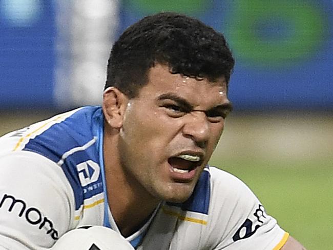 TOWNSVILLE, AUSTRALIA - MARCH 28:  David Fifita of the Titans scores a try during the round three NRL match between the North Queensland Cowboys and the Gold Coast Titans at QCB Stadium on March 28, 2021, in Townsville, Australia. (Photo by Ian Hitchcock/Getty Images)