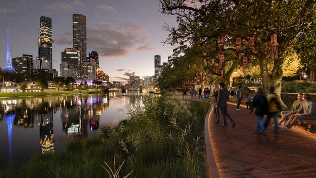 The Yarra River’s edge at night – part of the proposed first stage of Greenline project at Birrarung Marr. Picture: City of Melbourne