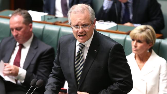 Treasurer Scott Morrison in Question Time in the House of Representatives Chamber, Parliament House in Canberra.