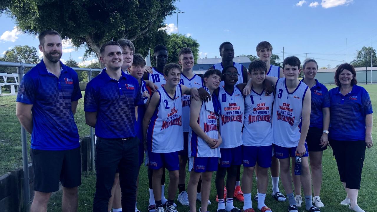 The Toowoomba Mountaineers U16s state championship team (from left) Cameron Weber (assistant coach), Jacob Zupp (coach), Kit Lilienstein, Max Berry, Emmanuel Geu (behind), Tyler Saal, Aidan Walker, Edward Long, Samuel Geu (behind), Tawana Ngorima, Harry Skobe, Jolon Seaby (behind), James Nugent, Carly Young (assistant coach), Anne Martin (team manager).