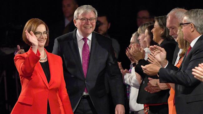 Kevin Rudd and Julia Gillard greet the crowd during the Labor campaign launch on May 5, 2019 in Brisbane. Picture: Getty Images