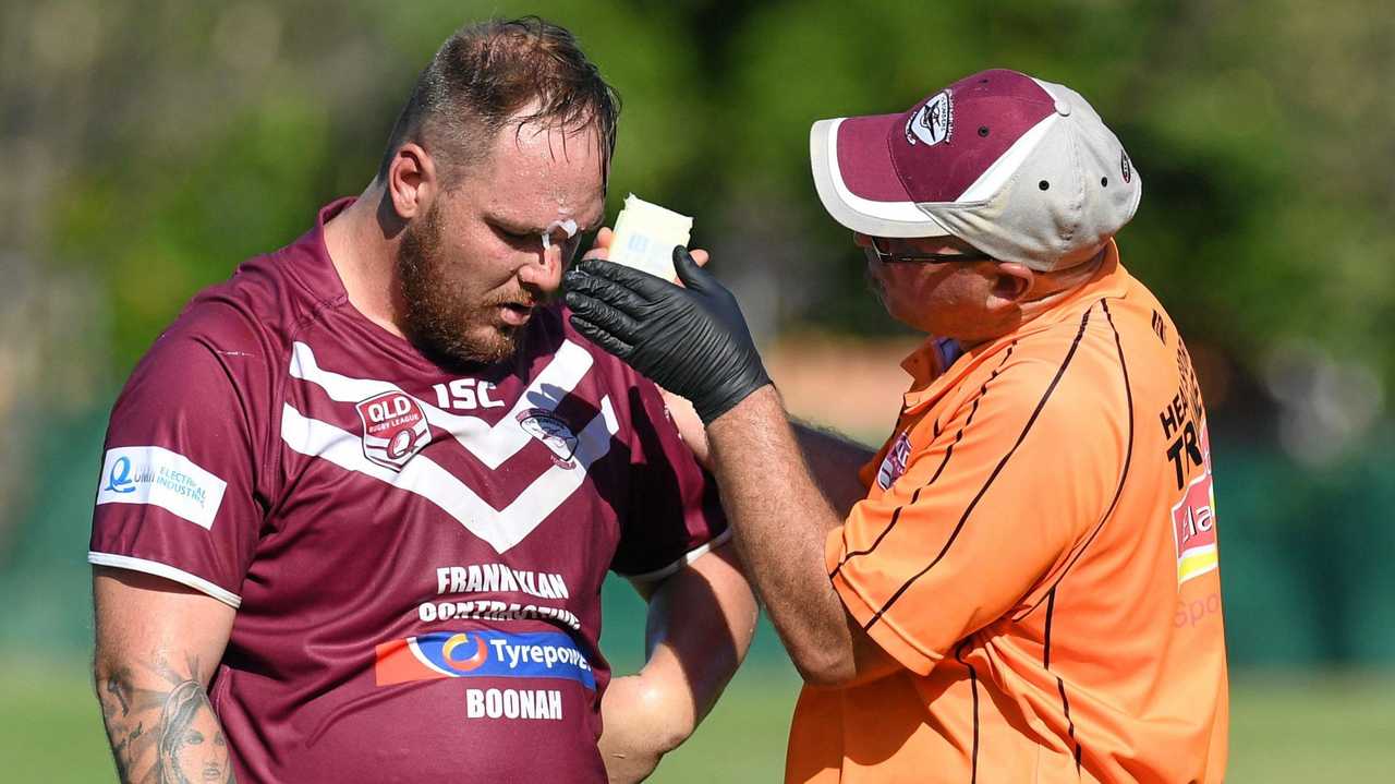 BATTLING ON: Fassifern player Ty Parker receives treatment during a recent game against Goodna. Picture: Rob Williams