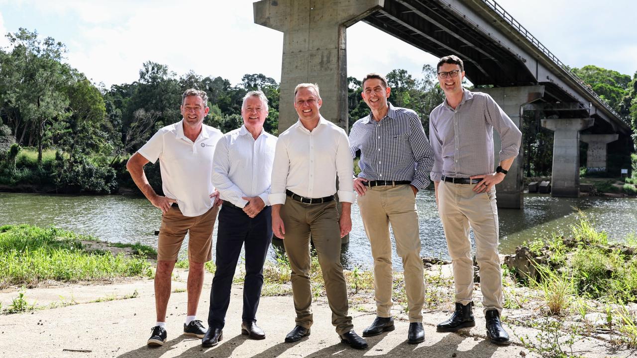 Earlier this month the Queensland Government announced $450m to fund a new bridge for the Kennedy Highway over the Barron River near the Tablelands town of Kuranda. The new bridge is due to be completed in 2031. Barron River MP Craig Crawford, Cairns MP Michael Healy, Queensland Premier Steven Miles, Queensland Treasurer Cameron Dick and Transport Minister Bart Mellish make the announcement on the banks of the Barron River at Kuranda. Picture: Brendan Radke