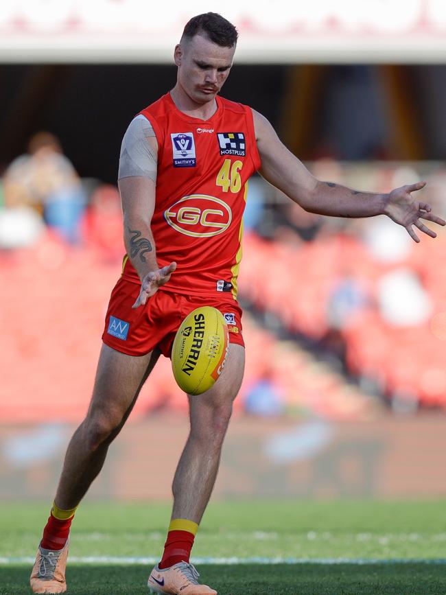 Caleb Graham of the Suns in action during the 2023 VFL Preliminary Final match between the Gold Coast SUNS and The Box Hill Hawks at Heritage Bank Stadium on September 16, 2023 in Gold Coast, Australia. (Photo by Russell Freeman AFL Photos)