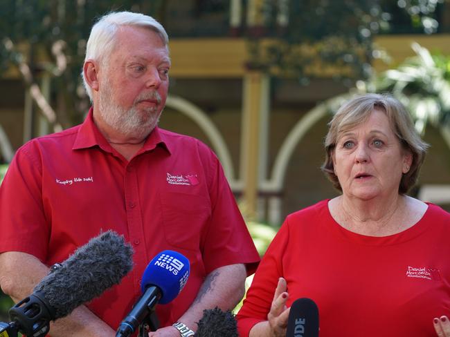 Bruce and Denise Morcombe with LNP leader David Crisafulli at Parliament House.