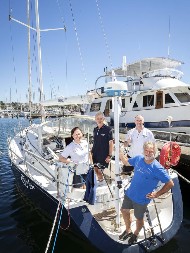 Zephyr Insurance Masters skipper Ian Johnston with crew Diana Reale, Karl van Drunen and Craig Squires, prepares to leave the Derwent Sailing Squadron for the start of the Launceston to Hobart. Picture: Chris Kidd.