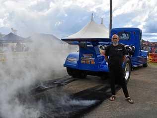 Laurie Williams of Beerwah kept the crowd entertained with his fire breathing Bullet Burnout Truck at Matty Hillcoat's Truckies' Day Out. Picture: Arthur Gorrie