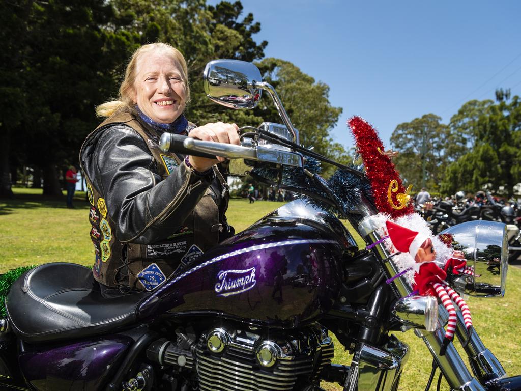Erica Bell of Nanango with her Triumph Thunderbird at Picnic Point for the Toowoomba Toy Run hosted by Downs Motorcycle Sporting Club, Sunday, December 18, 2022.
