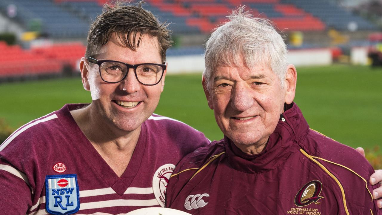 Rugby league legend John McDonald with son Toowoomba Regional Council Mayor Geoff McDonald back the NRL bid for Toowoomba, Friday, July 16, 2021. Picture: Kevin Farmer