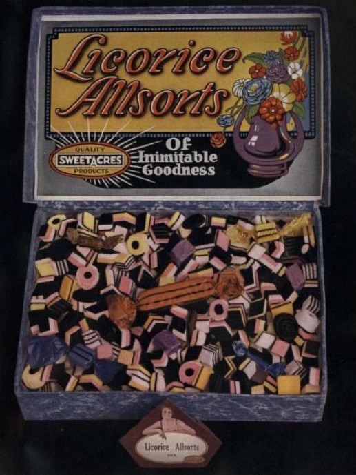 A historic photo of the licorice allsorts produced at the factory during the 20th century.