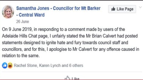 The Facebook post by Mt Barker councillor Samantha Jones after she accused resident Brian Calvert to trying to “ignite fury” against the council. Picture: Supplied