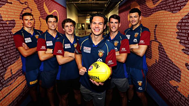 No. 1 draft pick Cam Rayner on his first day in Brisbane with Jack Payne, Toby Wooller, Zac Bailey, Brandon Starcevich and Connor Ballenden. Picture: Annette Dew