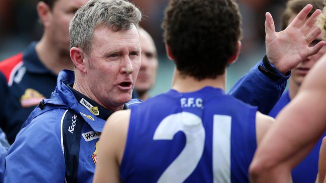 Brendan McCartney talks to his players. Picture: Sarah Reed