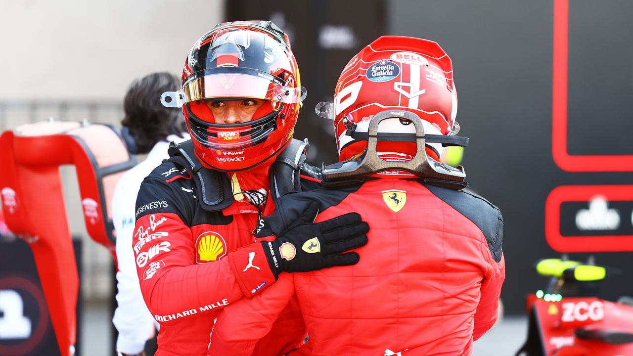 MEXICO CITY, MEXICO – OCTOBER 28: Pole position qualifier Charles Leclerc of Monaco and Ferrari celebrates with Second placed qualifier Carlos Sainz of Spain and Ferrari in parc fere during qualifying ahead of the F1 Grand Prix of Mexico at Autodromo Hermanos Rodriguez on October 28, 2023 in Mexico City, Mexico. (Photo by Mark Thompson/Getty Images)