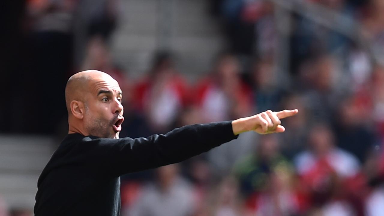 An animated Pep Guardiola gestures from the touch line during City’s clash with Southampton on the final day of the Premier League.