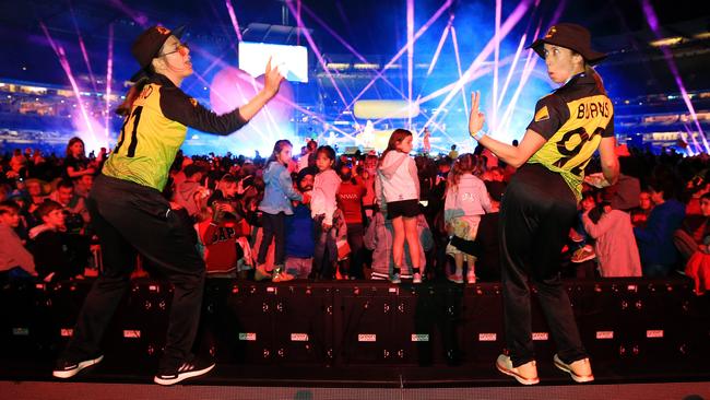 Molly Strano and Erin Burns dance to Katy Perry after the 2020 Women’s World Cup final. Picture: Mark Stewart