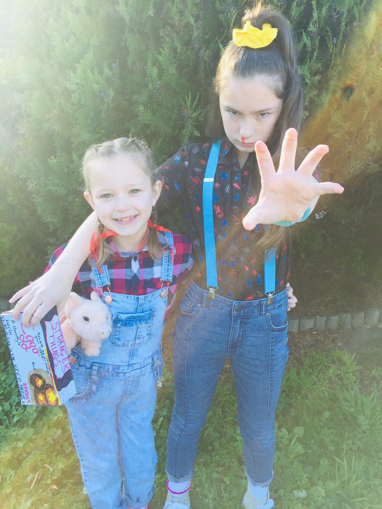 Hartlee dressed as Fern from Charlotte’s Web, and Taelynn as Eleven from Stranger Things.