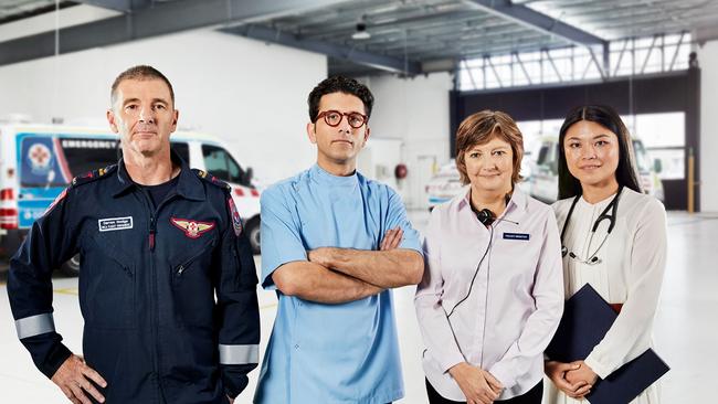 On the set of the new ad, which features MICA flight paramedic Darren Hodge (left), with an on-call nurse, GP and pharmacist.