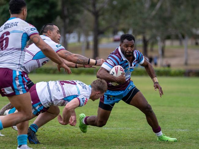 Winger Bob Tenza goes in for the CQ Capras first try against the Mackay Cutters. Photo: Luke Fletcher