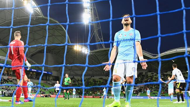 Bruno Fornaroli, right, during his last A-League for Melbourne City in round four. Picture: Getty Images