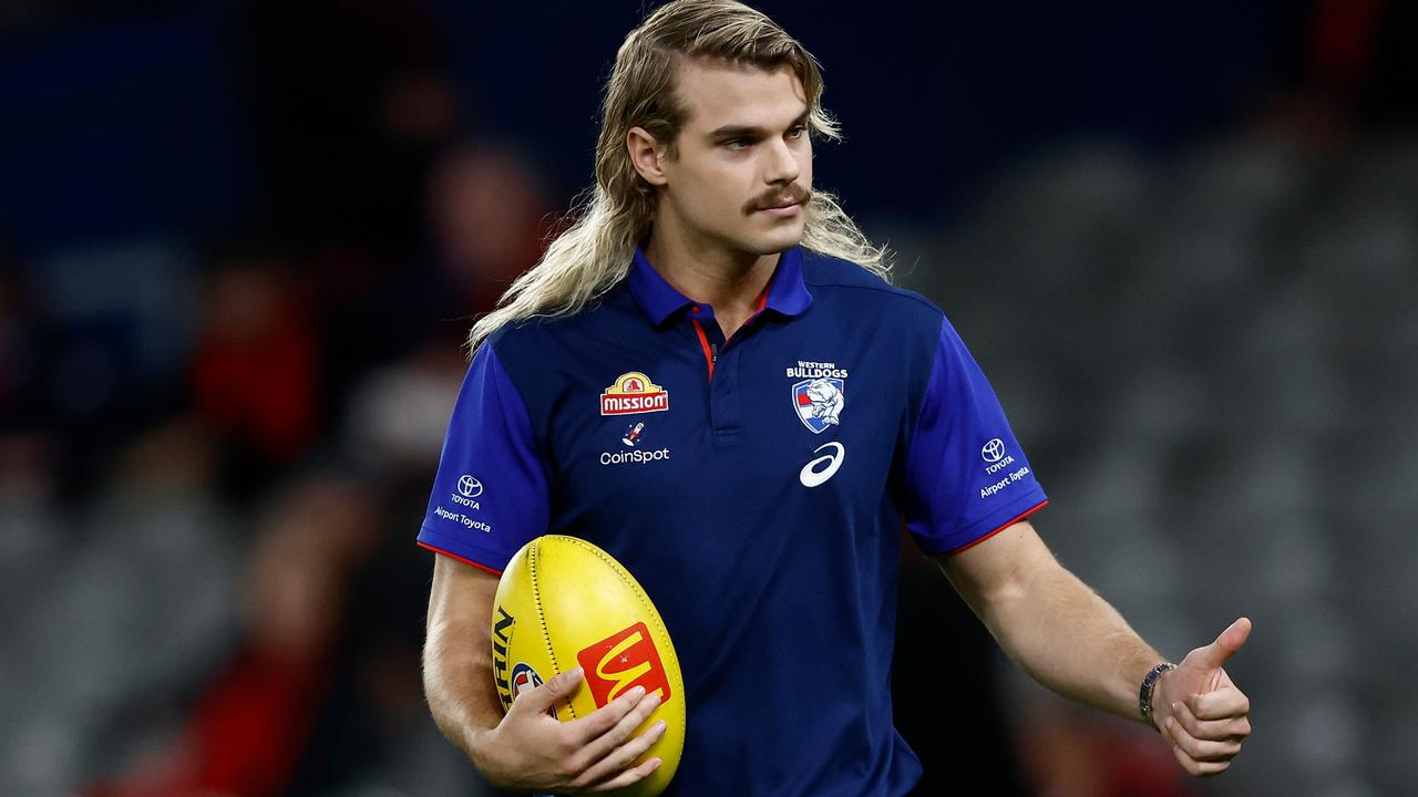 MELBOURNE, AUSTRALIA – APRIL 12: Bailey Smith of the Bulldogs gives the thumbs up during the 2024 AFL Round 05 match between the Western Bulldogs and the Essendon Bombers at Marvel Stadium on April 12, 2024 in Melbourne, Australia. (Photo by Michael Willson/AFL Photos via Getty Images)