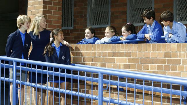 Principal Trish Fisher with school captains Jonah Cignetti and Niina Obuchi with (left to right) Leila Matheson -8, Freya Coorve -8, Tayah Starkey — 8, Luca Grilli -9 and Jeremy Leal -9. Picture: John Appleyard