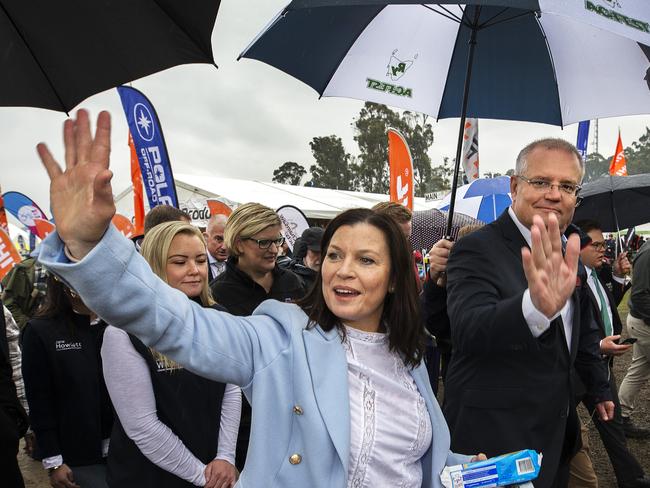 (L-R) Lyons Liberal candidate Jessica Whelan, Jenny Morrison and Prime Minister Scott Morrison at Agfest, Carrick. Picture: CHRIS KIDD