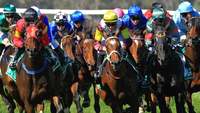 Loving home ridden by Tye Angland  (yellow cap, maroon with yellow armbands) wins race 1 during Scone  Races located in the Upper Hunter Region of NSW. The Bend . Pic Jenny Evans
